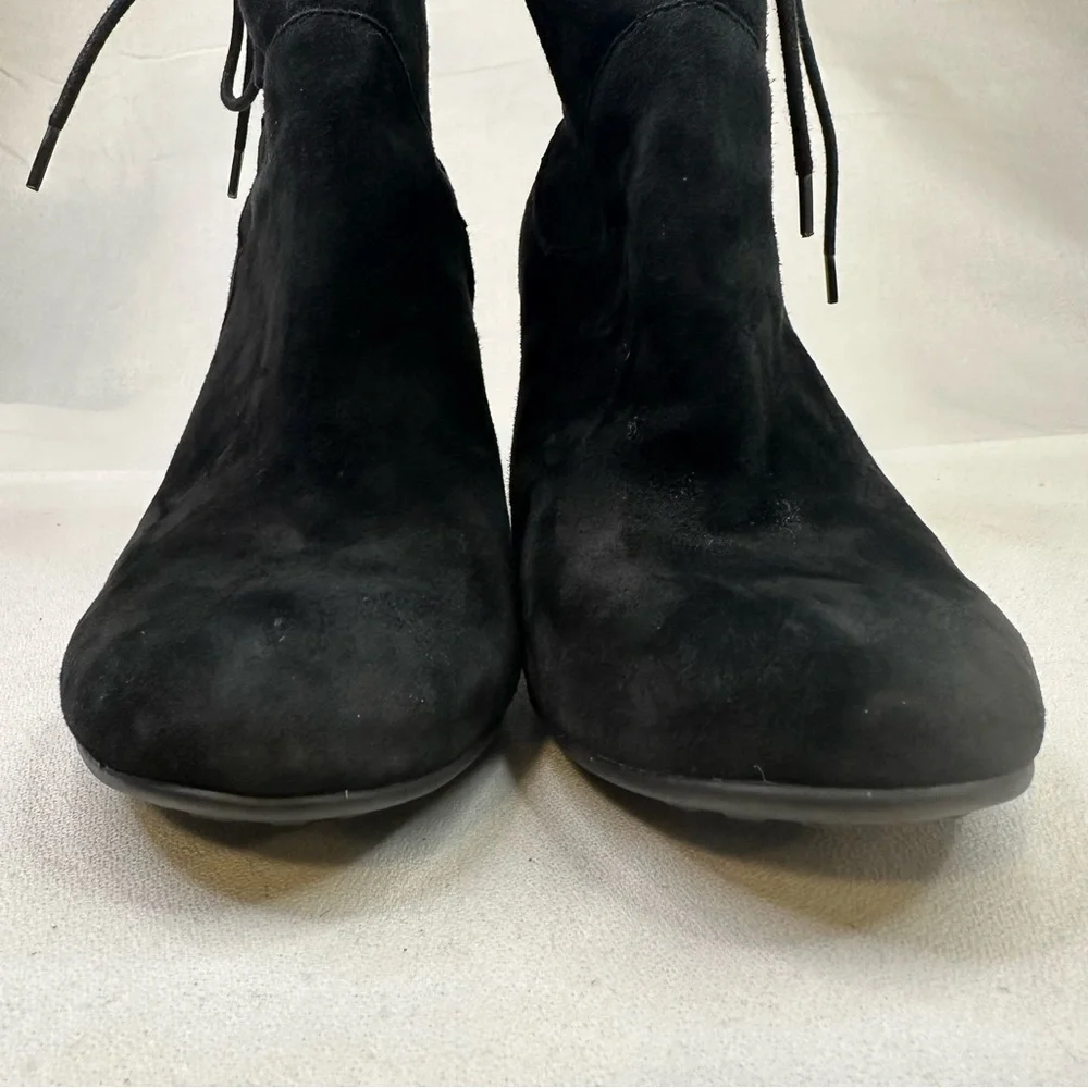 Black Suede Ankle Boots Block Heel Lace Back Zip Booties Size 7.5M Leather Upper